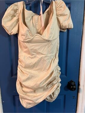Oh Polly Pale Cream Puff-Sleeve Ruched Mini Dress